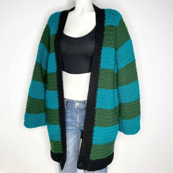 Vintage handmade crocheted Boho black green blue stripped long cardigan sweater - Picture 2 of 4